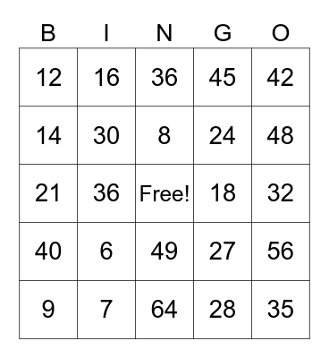 Multiplication 6,7,8,9 Bingo Card