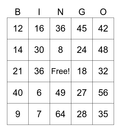 Multiplication 6,7,8,9 Bingo Card