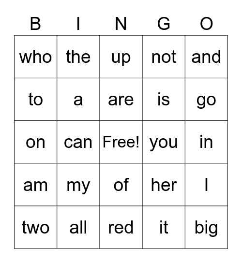 Sight Word Bingo Card