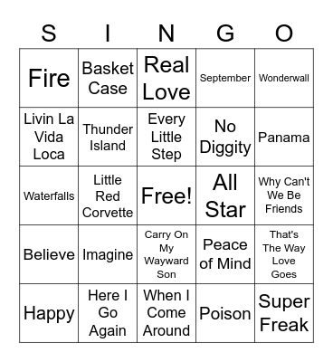 SINGO Night Bingo Card