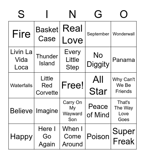 SINGO Night Bingo Card