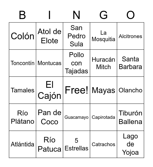 Cultural Honduras Bingo Card