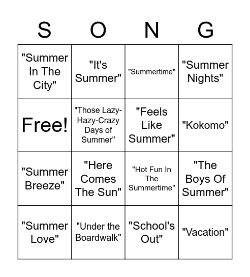 WN Summer Music Bingo Card