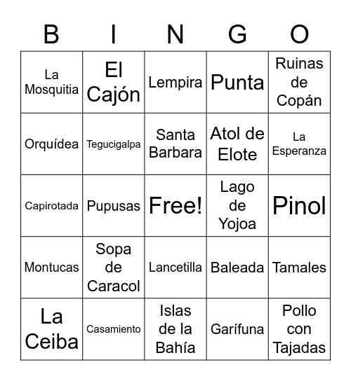 Honduras Culture Bingo Card