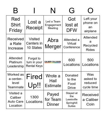 Caliber Family Bingo Card