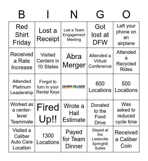 Caliber Family Bingo Card