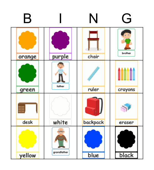 Family members, Classroom objects and colors Bingo Card