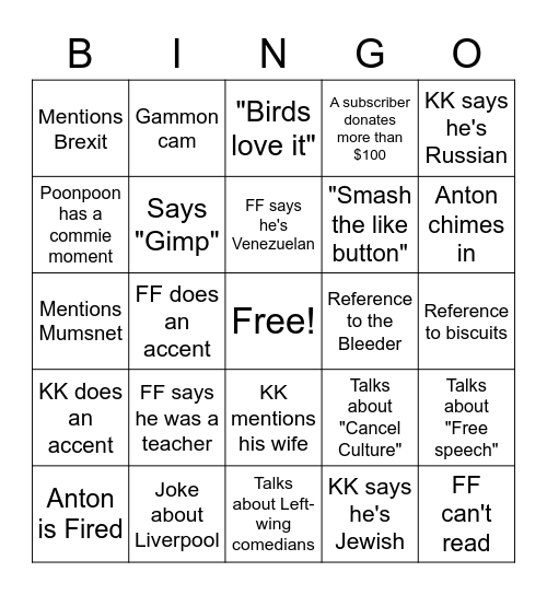 Triggernometry Friday night Bing Bingo Card