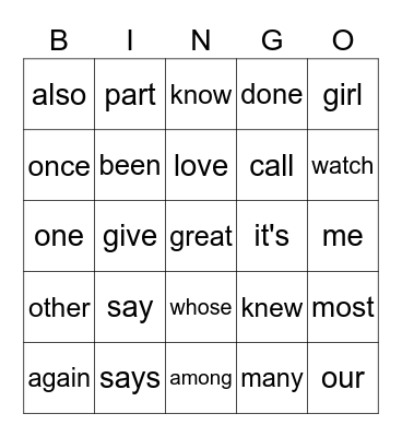 Stage 1/2 Red Words Bingo Card