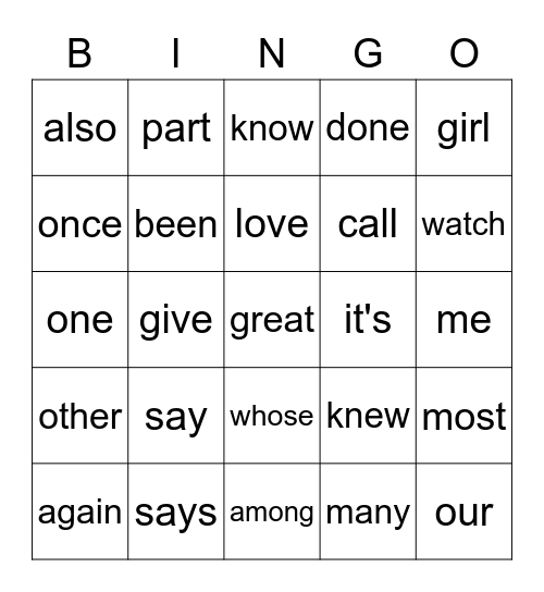 Stage 1/2 Red Words Bingo Card