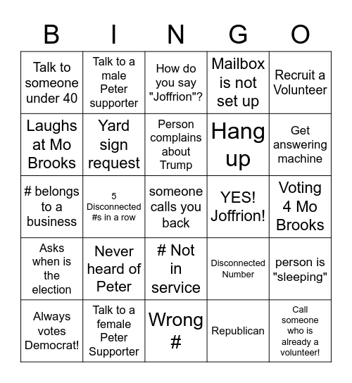 Phonebank Bingo! Bingo Card