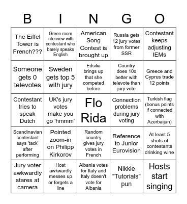 EUROVISION 2021 Bingo Card