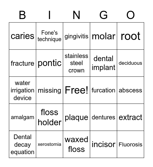 Dental Bingo Card