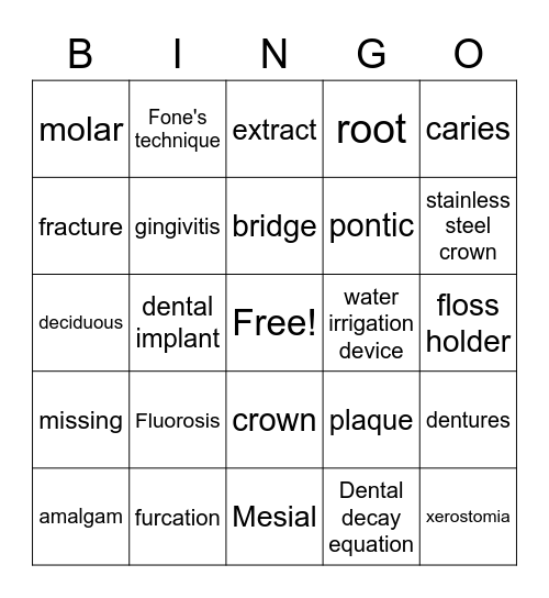 Dental Bingo Card