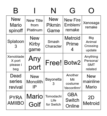 Nintendo Triple E Bingo Card
