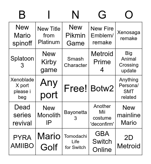 Nintendo Triple E Bingo Card