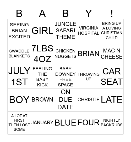 BABY DOWNEY BINGO Card