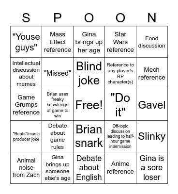 Spoony Bingo Card