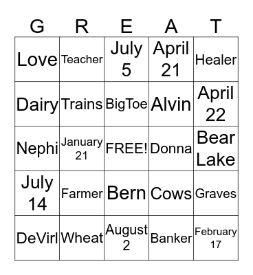Dearden Bingo Card