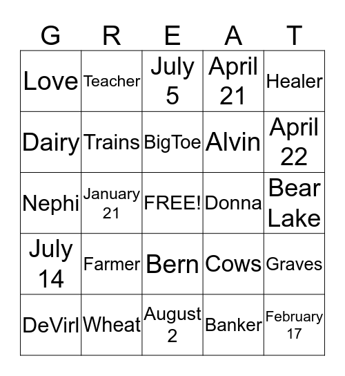 Dearden Bingo Card