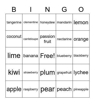 fruit bingo Card