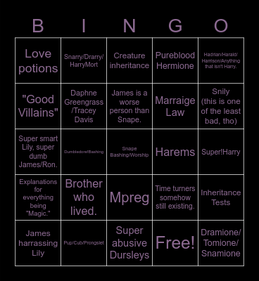 Worst/Most Annoying Harry Potter Fic tropes (in my opinon) Bingo Card
