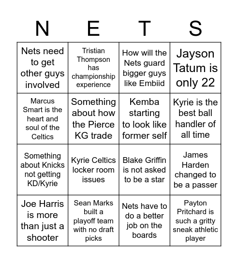 Nets Celtics Announcers Bingo Card