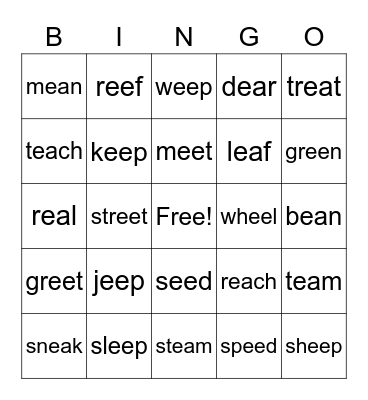 Vowel Teams -ea and -ee Bingo Card