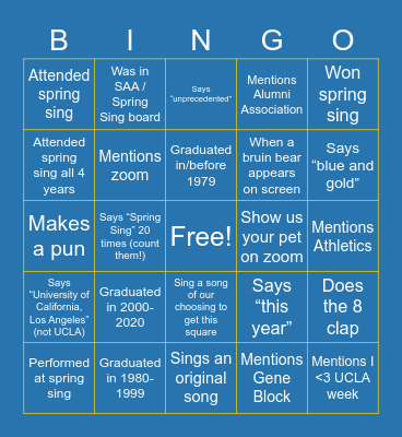 Westside Bruins Spring Sing Watch Party Bingo Card