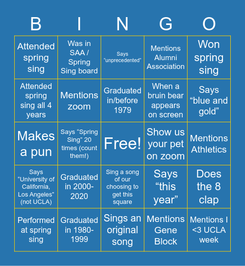Westside Bruins Spring Sing Watch Party Bingo Card