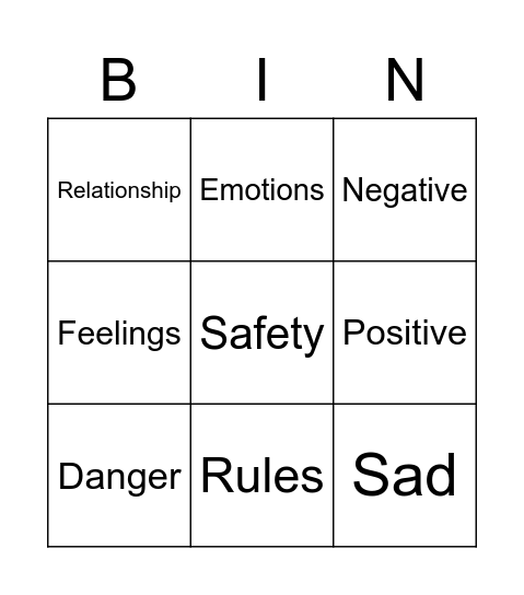 Personal Safety Bingo Card