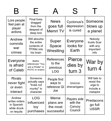 LOG Beast Wars Bingo Card