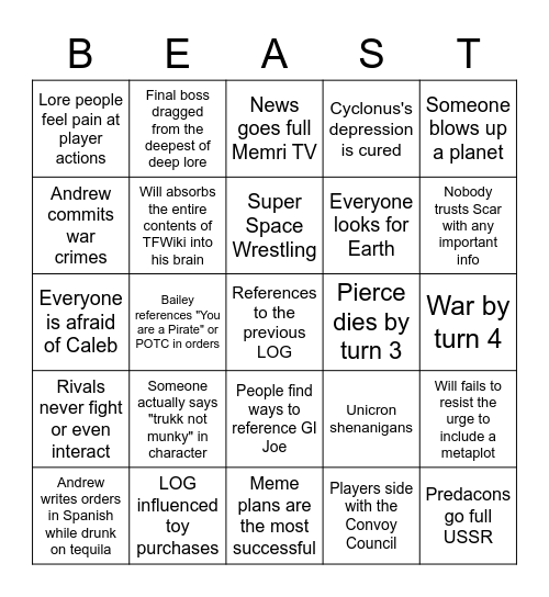 LOG Beast Wars Bingo Card