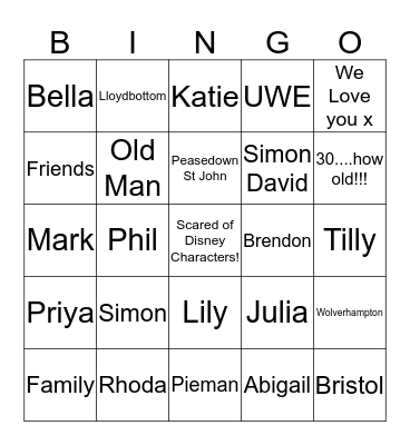 Simon is 30!!!!!!!!!!!!!!!!!!!!!!!!!! Bingo Card