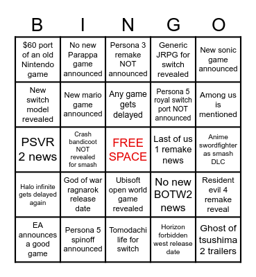 E3 2021 Bingo Card Bingo Card