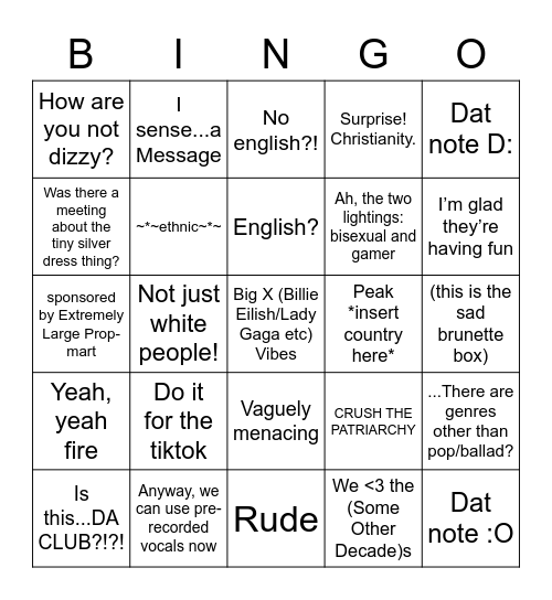 Eurovision 2021 Bingo Card