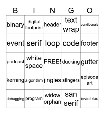 Multimedia Terms Bingo Card