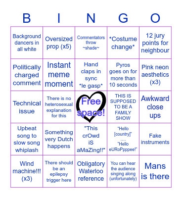 Eurovision 2021 Bingo Card