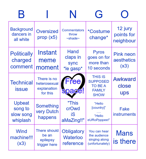 Eurovision 2021 Bingo Card