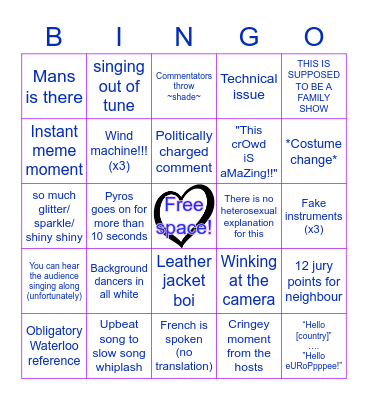 Eurovision 2021 Bingo Card