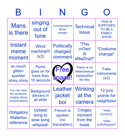 Eurovision 2021 Bingo Card