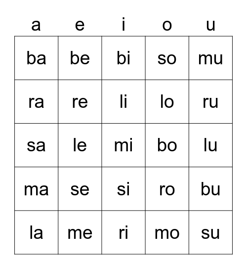 short vowels fisrt sylables Bingo Card