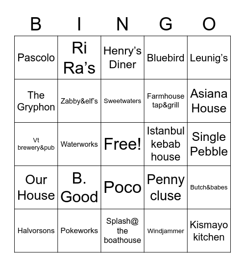 Restaurant Bingo Card