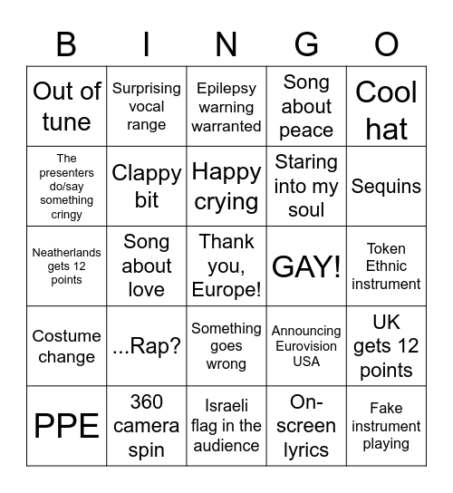 EUROVISION 2021 Bingo Card