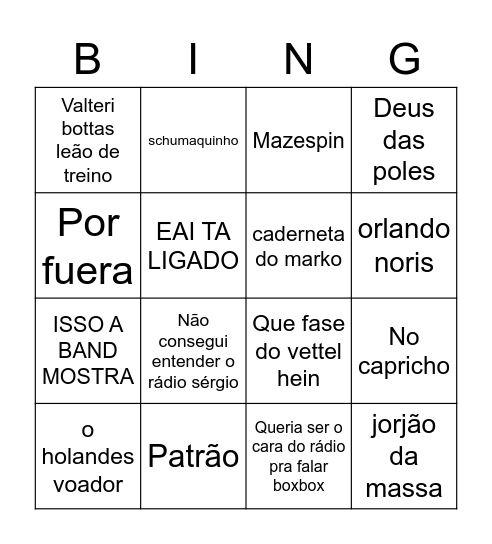 Bingo F1 Monaco 2020 Bingo Card