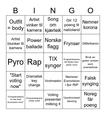 Eurovision 2021 Bingo Card