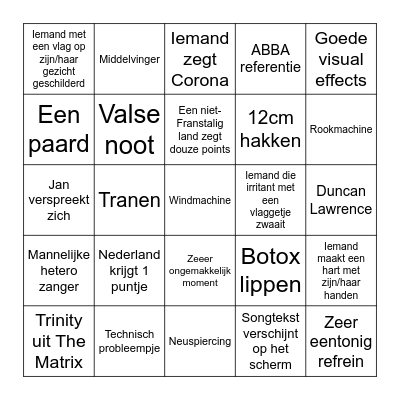 Eurovision 2021 Bingo Card