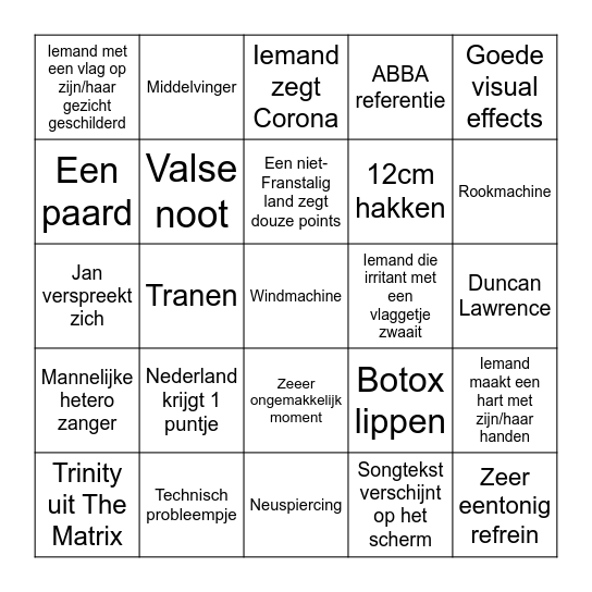 Eurovision 2021 Bingo Card