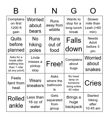 AT Hiking Adventure Bingo Card