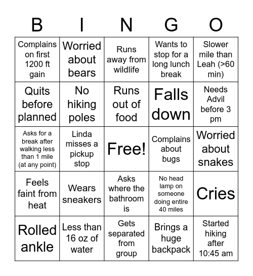 AT Hiking Adventure Bingo Card